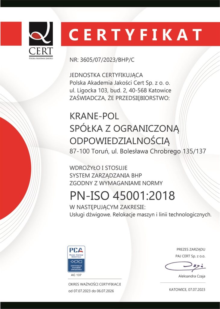 Certyfikat BHP Krane-Pol